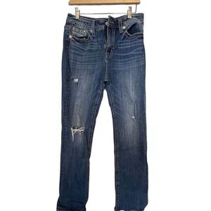 Miss Me Women's Distressed Embroidered Blue Denim Jeans Size 31 Whiskered Faded